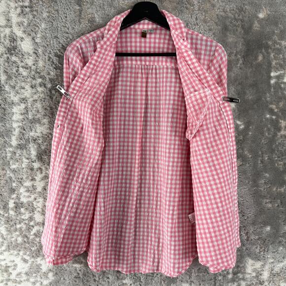 Kut From The Cloth Size XS Plaid V Neck Casual Button Top Pink Long Sleeve - Picture 2 of 8